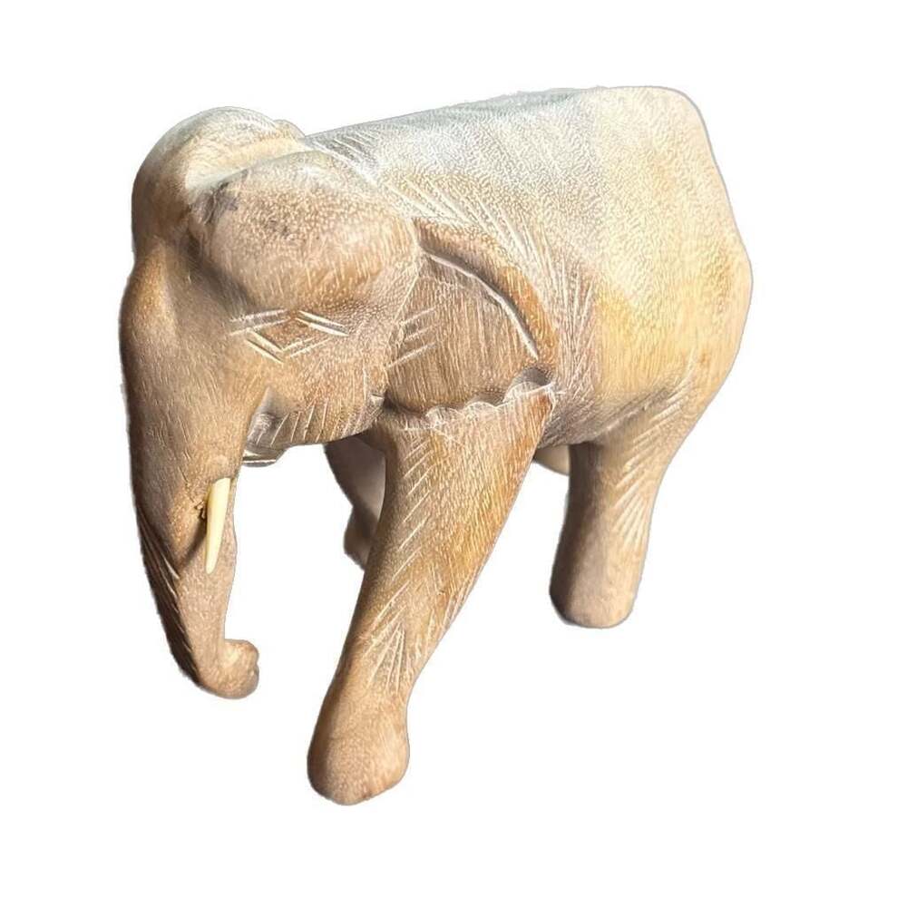 Vintage Hand Carved Solid Wood African Elephant Figurine Statue with Tusks